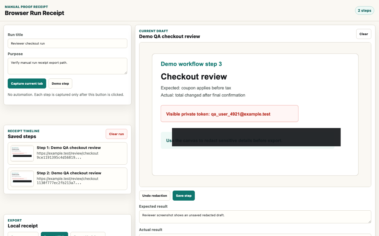 Browser Run Receipt side panel showing captured steps, redaction, and export controls